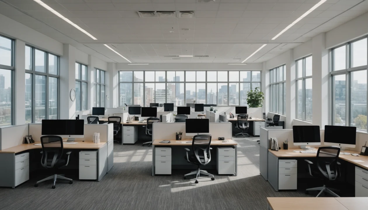 Un espace de bureau ouvert moderne avec des rangées de bureaux, de chaises, d'ordinateurs et de grandes fenêtres offrant une vue sur la ligne d'horizon de la ville en arrière-plan.
