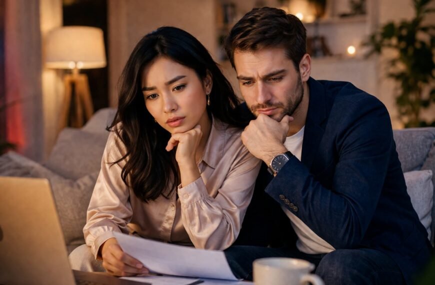 Un homme et une femme sont assis sur un canapé et regardent attentivement l'écran d'un ordinateur portable. Ils tiennent des documents et semblent préoccupés.