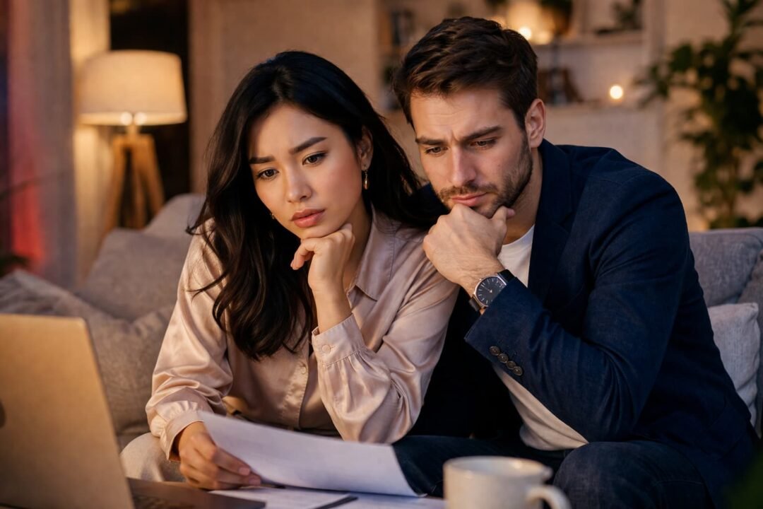 Un homme et une femme sont assis sur un canapé et regardent attentivement l'écran d'un ordinateur portable. Ils tiennent des documents et semblent préoccupés.
