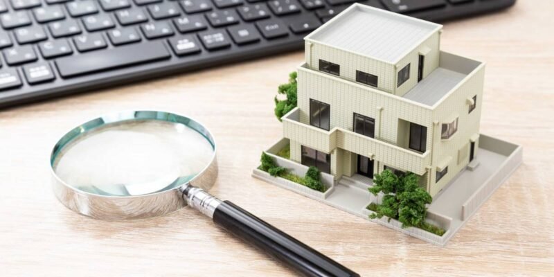 Une loupe et une maquette de maison sont posées sur un bureau en bois à côté d'un clavier d'ordinateur.