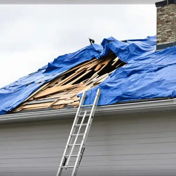 Un toit de maison avec des bâches recouvrant les zones endommagées. Une échelle est appuyée contre la maison et une personne se tient en dessous, portant un équipement de sécurité et inspectant les dégâts.