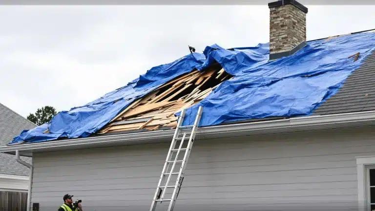 Un toit de maison avec des bâches recouvrant les zones endommagées. Une échelle est appuyée contre la maison et une personne se tient en dessous, portant un équipement de sécurité et inspectant les dégâts.