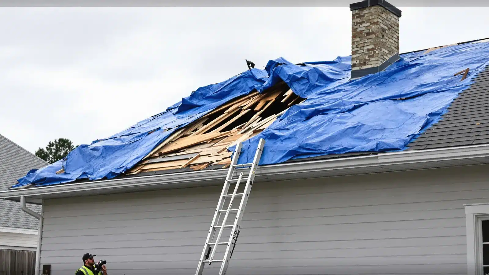 Un toit de maison avec des bâches recouvrant les zones endommagées. Une échelle est appuyée contre la maison et une personne se tient en dessous, portant un équipement de sécurité et inspectant les dégâts.