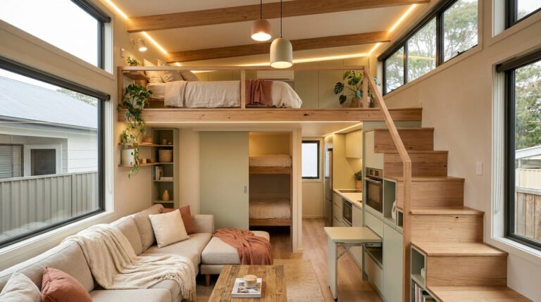 Intérieur moderne de tiny house avec mezzanine, espace salon, cuisine équipée et coin lits superposés en bois clair.