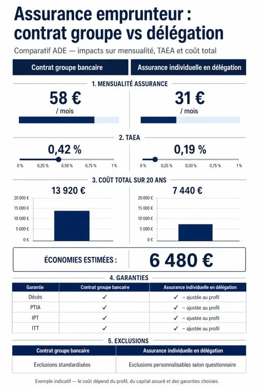 Comparateur assurance ADE : infographie des écarts entre contrat groupe, délégation et économies estimées