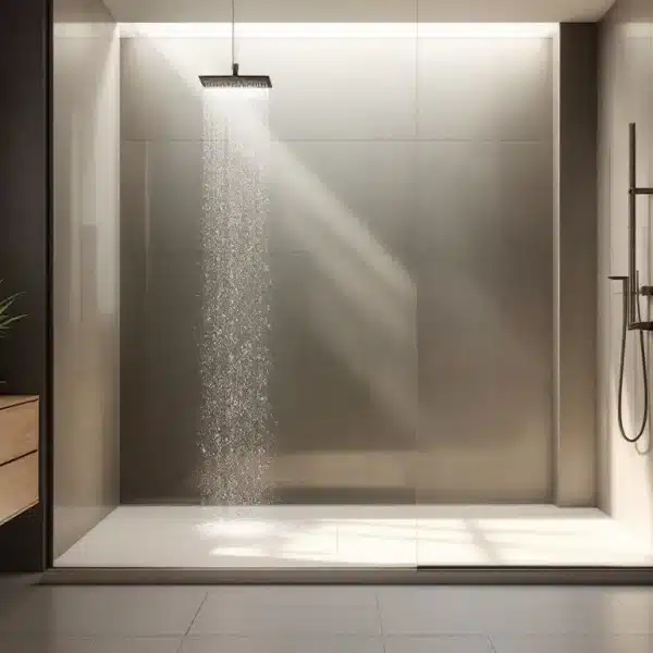 Salle de bains moderne avec une douche à l'italienne, une pomme de douche murale à effet de pluie, un meuble lavabo en bois avec un évier, une plante en pot et une serviette accrochée au mur.