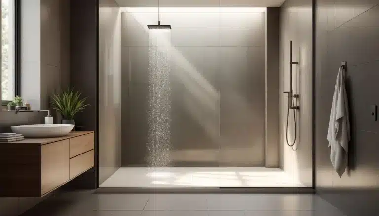 Salle de bains moderne avec une douche à l'italienne, une pomme de douche murale à effet de pluie, un meuble lavabo en bois avec un évier, une plante en pot et une serviette accrochée au mur.