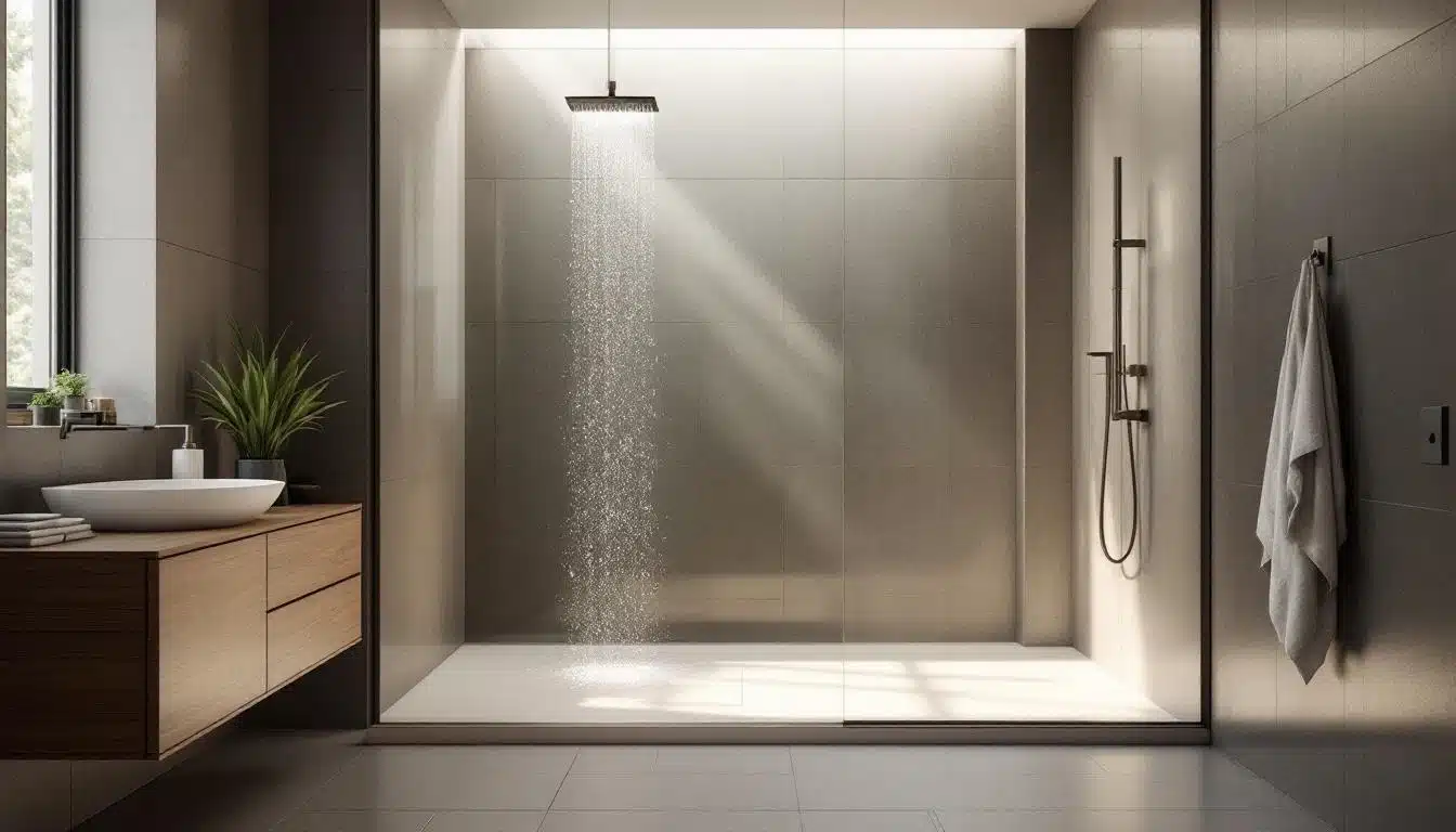 Salle de bains moderne avec une douche à l'italienne, une pomme de douche murale à effet de pluie, un meuble lavabo en bois avec un évier, une plante en pot et une serviette accrochée au mur.