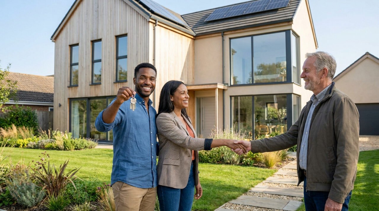 Un couple heureux reçoit les clés d'une maison moderne des mains du propriétaire devant le jardin.