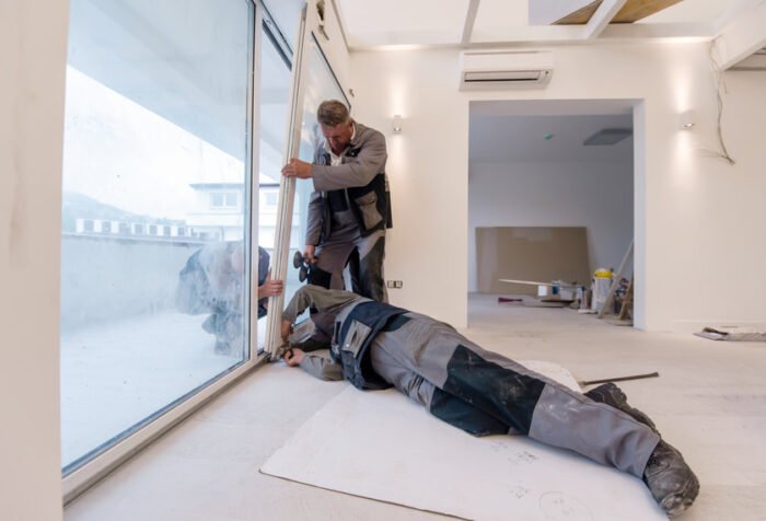 Deux ouvriers installent une grande porte coulissante en verre dans une pièce moderne, non finie, aux murs blancs et aux matériaux de construction éparpillés.