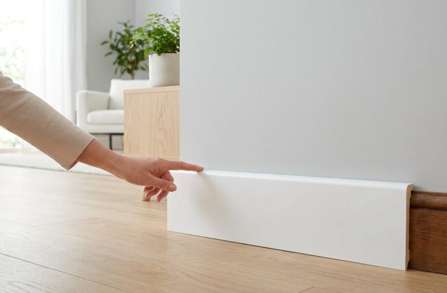 Main touchant une surplinthe blanche installée sur une ancienne plinthe en bois foncé, mur clair et sol stratifié.