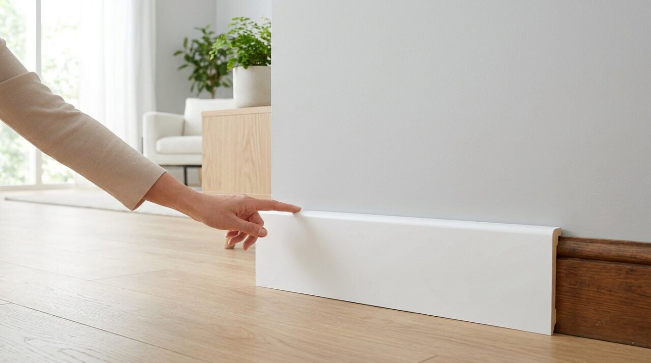 Main touchant une surplinthe blanche installée sur une ancienne plinthe en bois foncé, mur clair et sol stratifié.