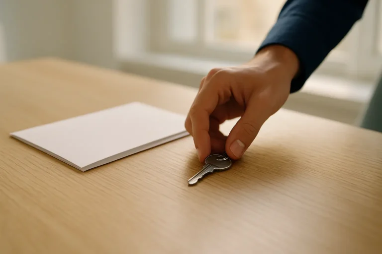 La main d'une personne dépose une seule clé métallique sur une table en bois, à côté d'une enveloppe blanche.