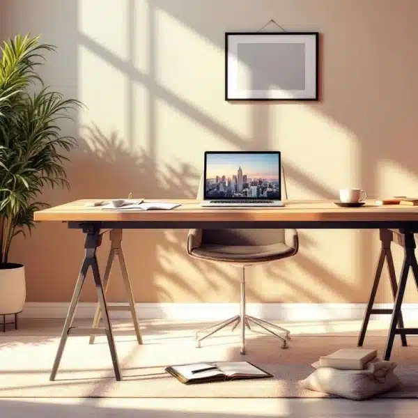 Un bureau à domicile moderne avec un bureau en bois, un ordinateur portable, une chaise, des plantes en pot, des reproductions encadrées au mur et des livres sur un tapis beige, baigné par la lumière naturelle du soleil.