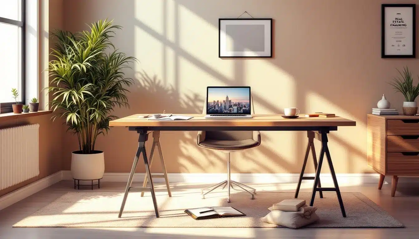 Un bureau à domicile moderne avec un bureau en bois, un ordinateur portable, une chaise, des plantes en pot, des reproductions encadrées au mur et des livres sur un tapis beige, baigné par la lumière naturelle du soleil.