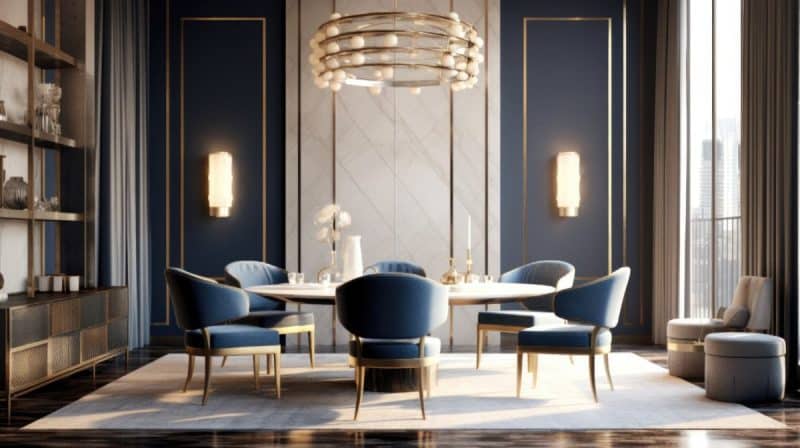 Salle à manger élégante avec une table ronde, six chaises bleues avec des accents dorés, un lustre moderne, des murs bleus et blancs et de grandes fenêtres avec vue sur la ville.