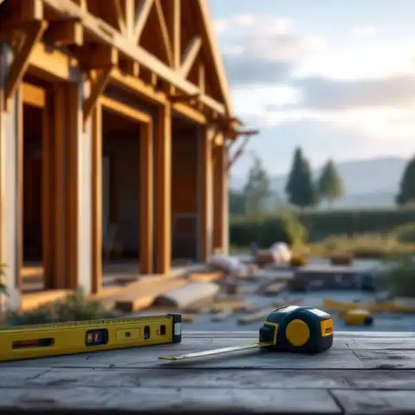 Un niveau et un mètre à ruban reposent sur une surface en bois devant une maison en construction, avec des arbres et des montagnes visibles à l'arrière plan.