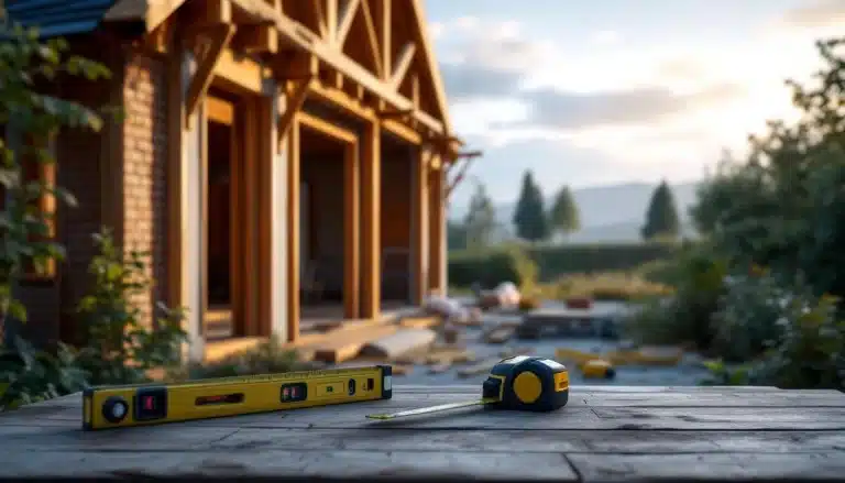 Un niveau et un mètre à ruban reposent sur une surface en bois devant une maison en construction, avec des arbres et des montagnes visibles à l'arrière plan.