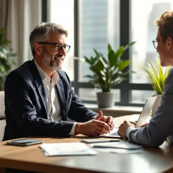 Dans un bureau bien éclairé, deux professionnels en tenue de travail sont assis autour d'un bureau et discutent avec des documents et un ordinateur portable posés sur la table, entourés de plantes en pot.