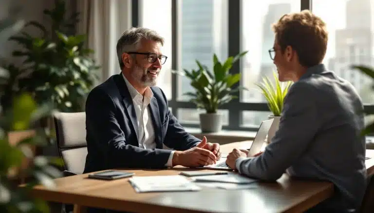 Dans un bureau bien éclairé, deux professionnels en tenue de travail sont assis autour d'un bureau et discutent avec des documents et un ordinateur portable posés sur la table, entourés de plantes en pot.