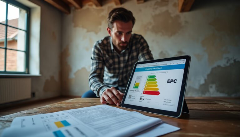 Un homme consulte des documents à une table en bois, devant une tablette sur laquelle s'affiche un graphique représentant un certificat de performance énergétique, dans une pièce aux murs non finis.