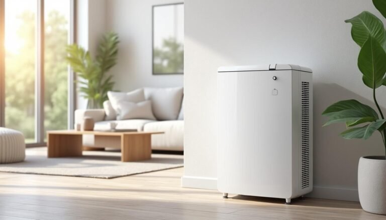 Un purificateur d'air moderne se trouve contre un mur blanc dans un salon lumineux et minimaliste, avec un canapé, une table basse et une plante en pot à proximité.