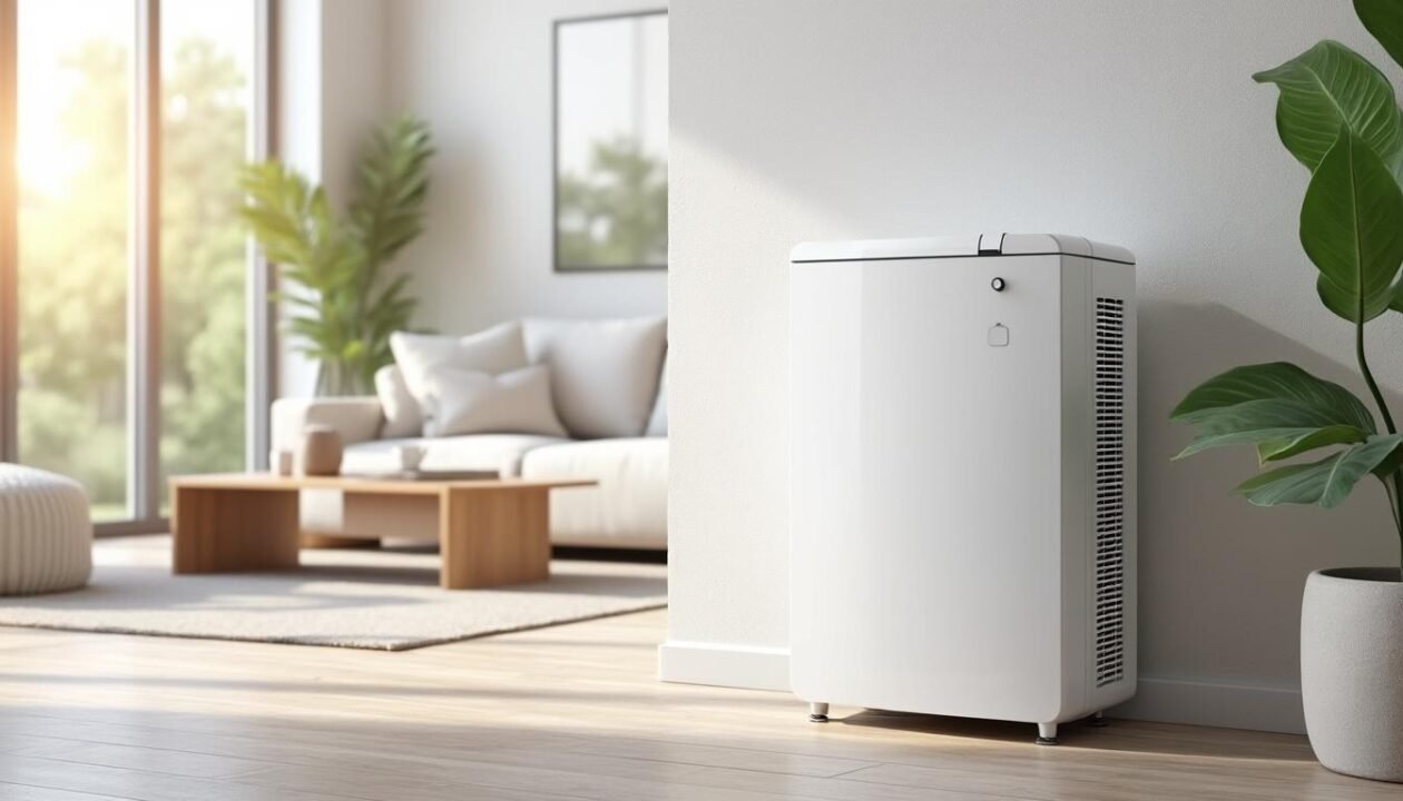 Un purificateur d'air moderne se trouve contre un mur blanc dans un salon lumineux et minimaliste, avec un canapé, une table basse et une plante en pot à proximité.