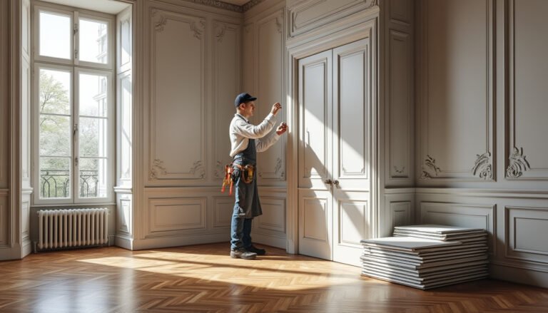 Un bricoleur, muni d'une ceinture à outils, répare une porte en bois blanc dans une pièce baignée de soleil et richement décorée, avec des panneaux empilés au sol et de grandes fenêtres en arrière-plan.