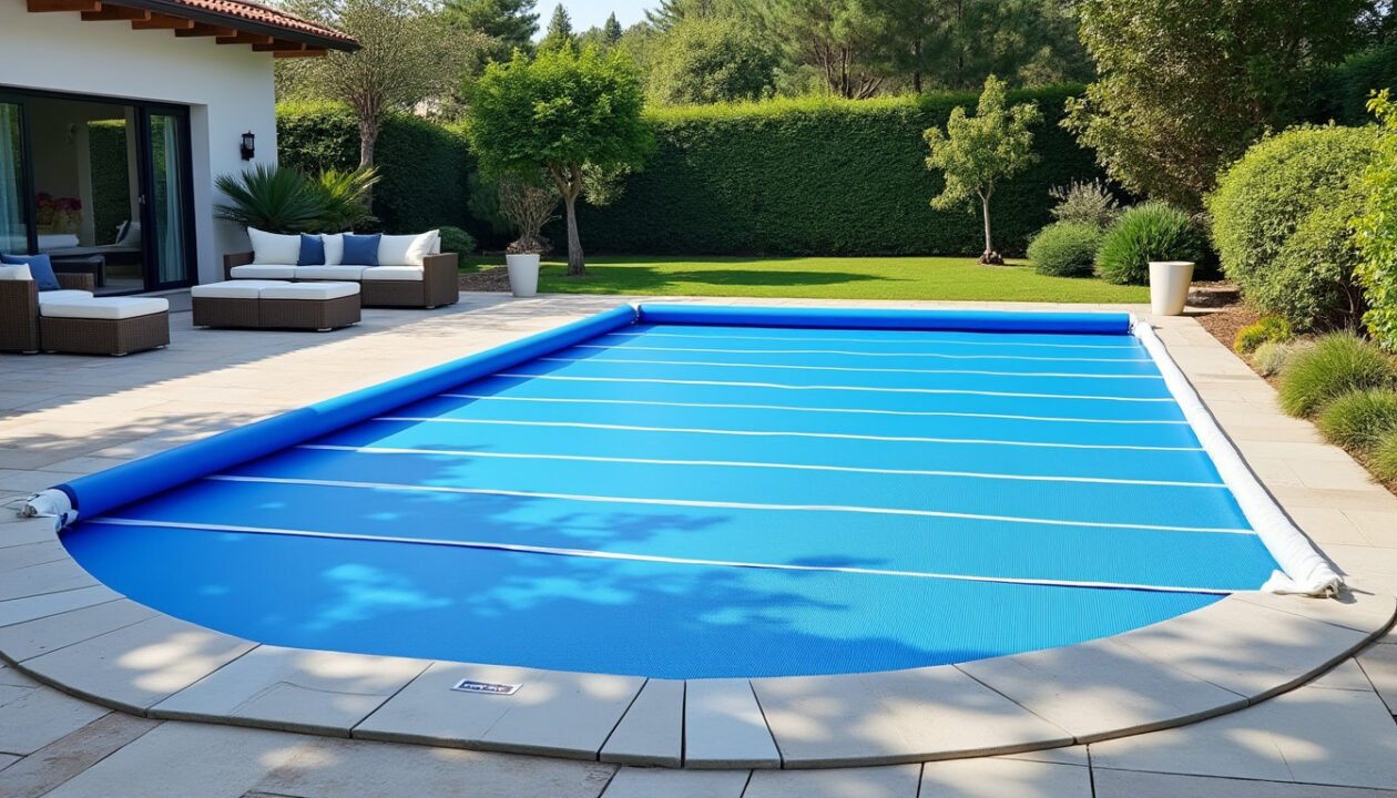 Une piscine rectangulaire avec une couverture de sécurité bleue partiellement déroulée, entourée de sièges de patio et d'un jardin paysager dans une arrière-cour privée.