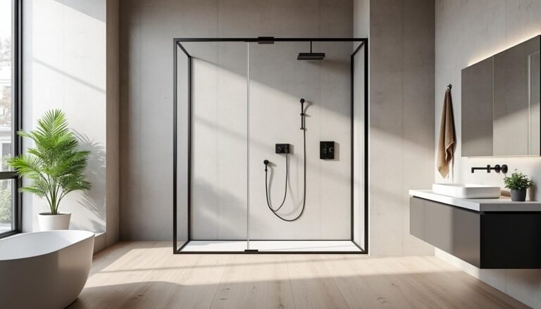 Salle de bains moderne avec douche vitrée, lavabo mural, serviette, plante en pot, grande fenêtre et décor minimaliste.