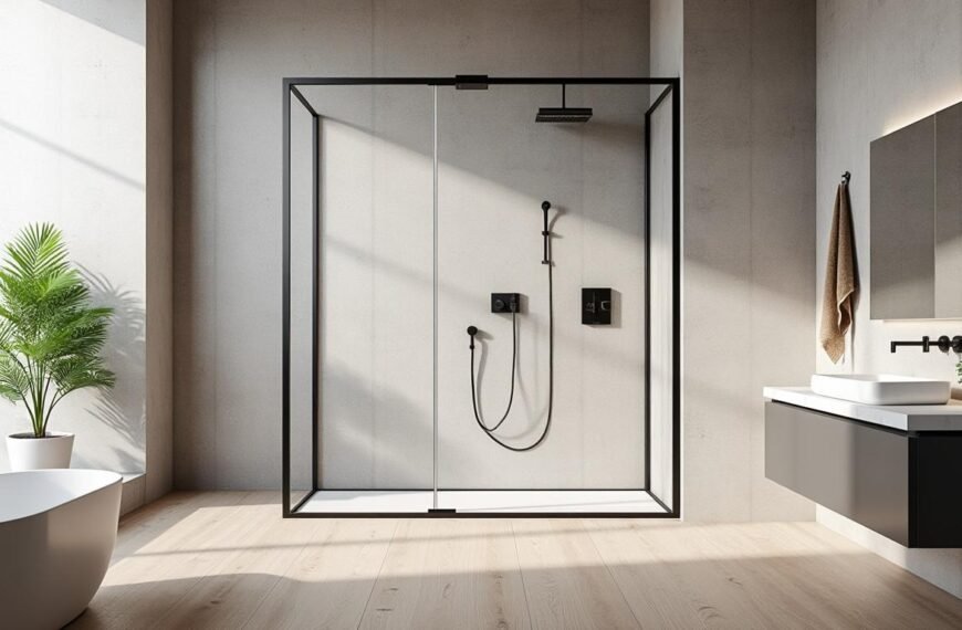 Salle de bains moderne avec douche vitrée, lavabo mural, serviette, plante en pot, grande fenêtre et décor minimaliste.