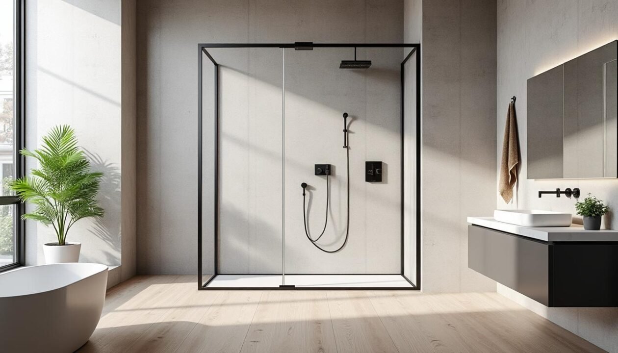 Salle de bains moderne avec douche vitrée, lavabo mural, serviette, plante en pot, grande fenêtre et décor minimaliste.