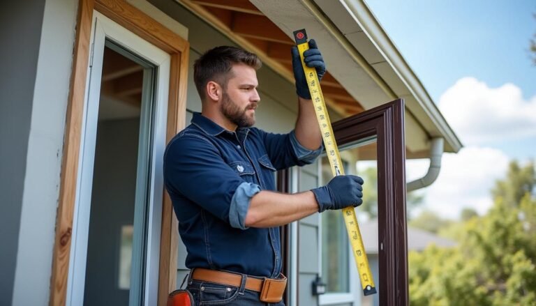 Un homme portant des gants de travail utilise un mètre pour mesurer le cadre d'une fenêtre extérieure sur une maison en construction.
