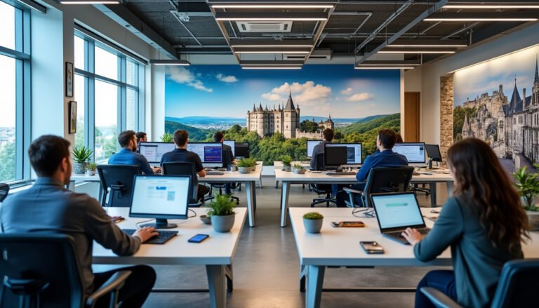 Des personnes travaillent à leurs bureaux individuels dans un bureau moderne doté de grandes baies vitrées et d'une fresque murale représentant un château et des montagnes. On aperçoit des écrans d'ordinateur, des plantes et des fournitures de bureau sur les bureaux.