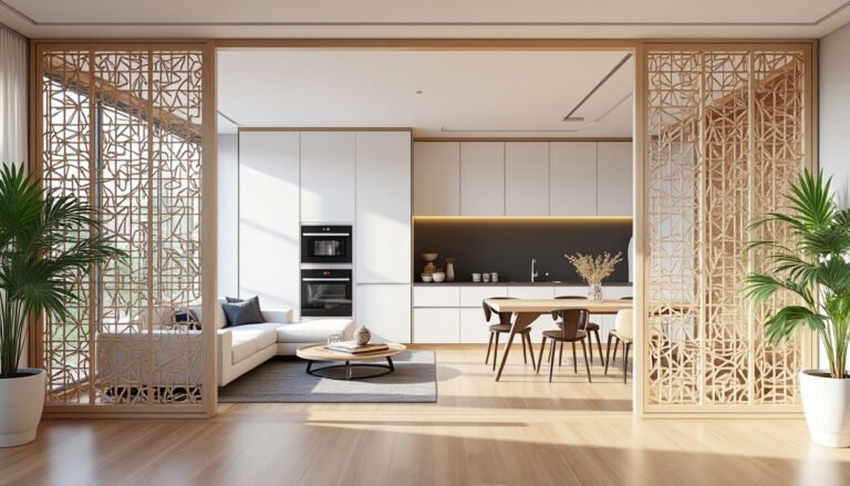 Cuisine ouverte moderne et espace de vie avec armoires blanches, dosseret noir, table à manger, paravents décoratifs en bois et plantes en pot sur un sol en bois clair.