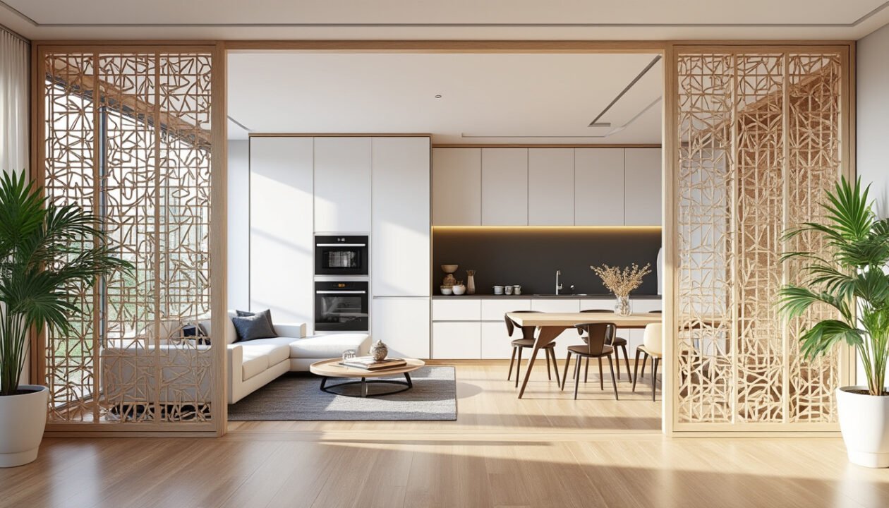 Cuisine ouverte moderne et espace de vie avec armoires blanches, dosseret noir, table à manger, paravents décoratifs en bois et plantes en pot sur un sol en bois clair.