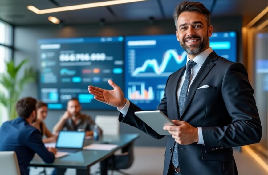 Un homme en costume tient une tablette et fait des gestes vers des graphiques financiers numériques, tandis que trois collègues sont assis à une table de conférence dans un bureau moderne.