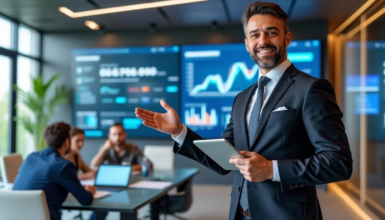 Un homme en costume tient une tablette et fait des gestes vers des graphiques financiers numériques, tandis que trois collègues sont assis à une table de conférence dans un bureau moderne.