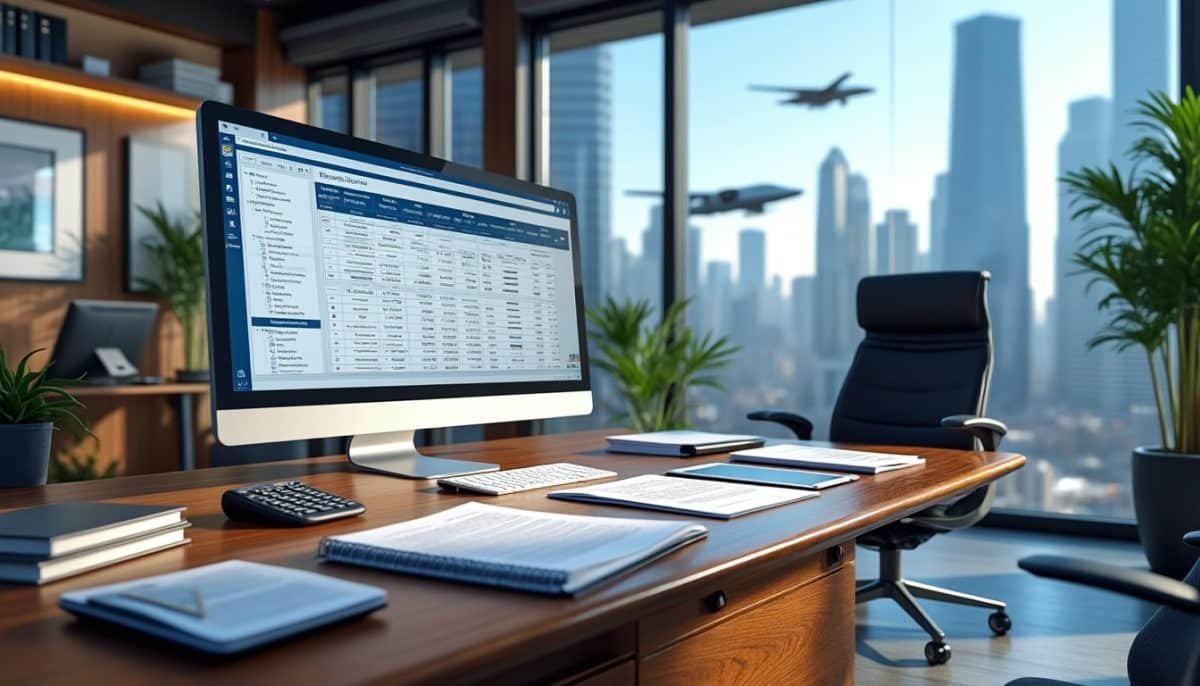 Un bureau moderne avec un grand bureau, un ordinateur affichant un tableur, des documents, des plantes et l'horizon de la ville avec des avions visibles à travers la fenêtre.