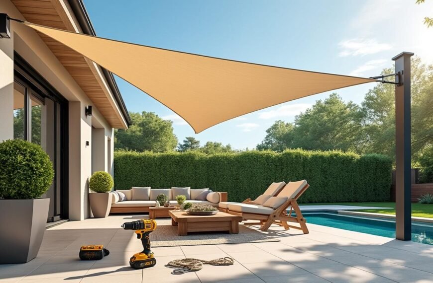 Une voile d'ombrage beige est installée sur un patio avec des meubles d'extérieur au bord d'une piscine. Une perceuse, une corde et du matériel sont posés sur le sol, ce qui indique que les travaux d'installation sont en cours.