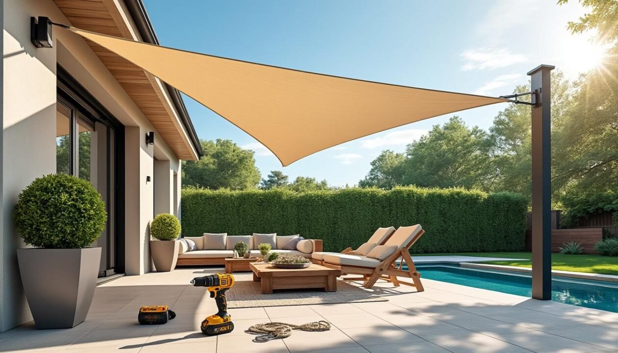 Une voile d'ombrage beige est installée sur un patio avec des meubles d'extérieur au bord d'une piscine. Une perceuse, une corde et du matériel sont posés sur le sol, ce qui indique que les travaux d'installation sont en cours.