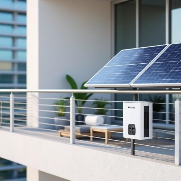 Deux panneaux solaires montés sur le balcon d'un appartement moderne, avec des sièges extérieurs et des bâtiments urbains visibles en arrière-plan.