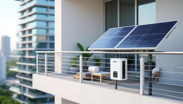 Deux panneaux solaires montés sur le balcon d'un appartement moderne, avec des sièges extérieurs et des bâtiments urbains visibles en arrière-plan.