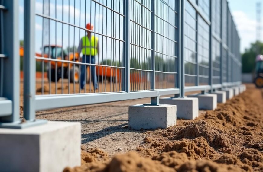 Gros plan d'une clôture métallique en construction, avec de la terre et des bases en béton au premier plan et des ouvriers et des machines à l'arrière-plan flou.