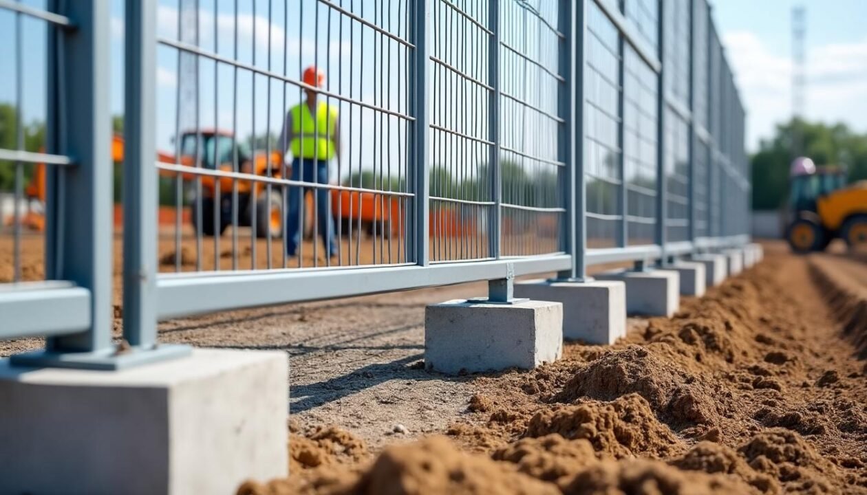Gros plan d'une clôture métallique en construction, avec de la terre et des bases en béton au premier plan et des ouvriers et des machines à l'arrière-plan flou.