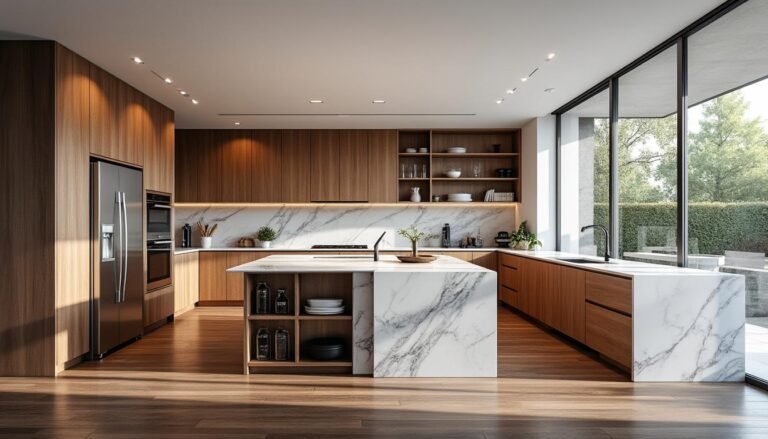 Cuisine moderne avec armoires en bois, comptoirs en marbre, grand îlot, appareils encastrés, étagères ouvertes et fenêtres du sol au plafond donnant sur un jardin.