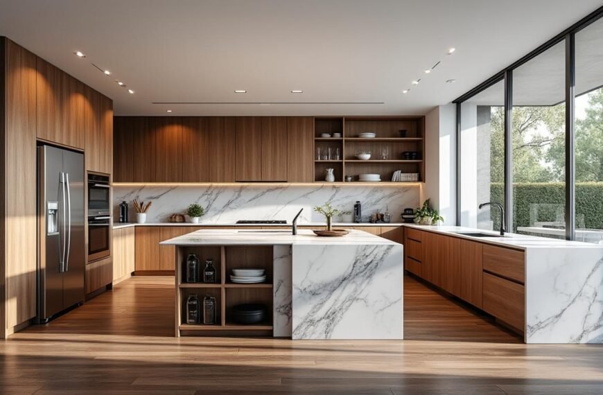 Cuisine moderne avec armoires en bois, comptoirs en marbre, grand îlot, appareils encastrés, étagères ouvertes et fenêtres du sol au plafond donnant sur un jardin.