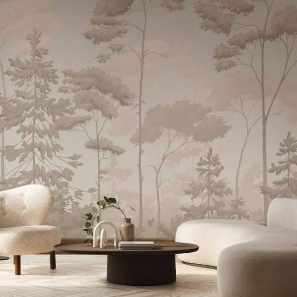 Un salon chaleureux avec un canapé beige incurvé, un fauteuil assorti et une table basse ronde en bois. Grande fenêtre cintrée et fresque murale représentant des arbres aux tons doux. Lampadaire à proximité.
