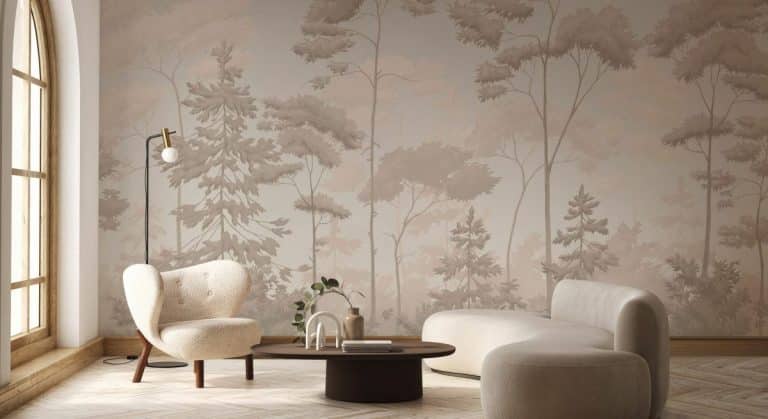 Un salon chaleureux avec un canapé beige incurvé, un fauteuil assorti et une table basse ronde en bois. Grande fenêtre cintrée et fresque murale représentant des arbres aux tons doux. Lampadaire à proximité.