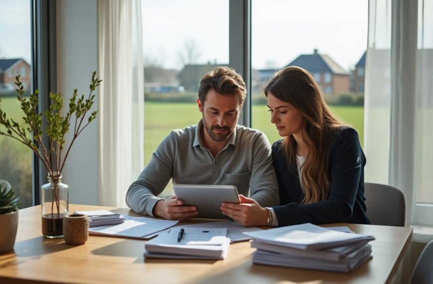 Un homme et une femme sont assis à une table avec des papiers et une tablette, regardant l'écran ensemble dans une pièce lumineuse avec de grandes fenêtres.